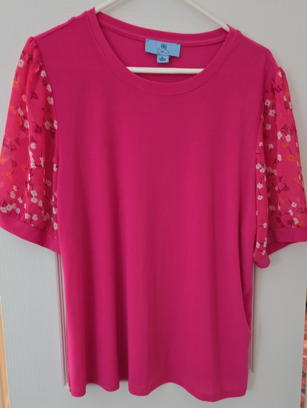CeCe Hot Pink Knit Top with Floral Chiffon Sleeves